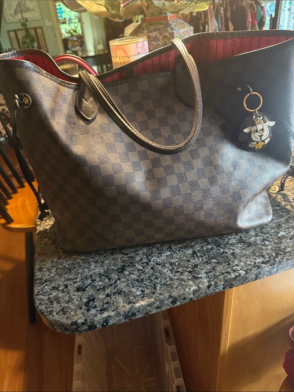 Louis Vuitton Brown Checkered Tote with Red Interior